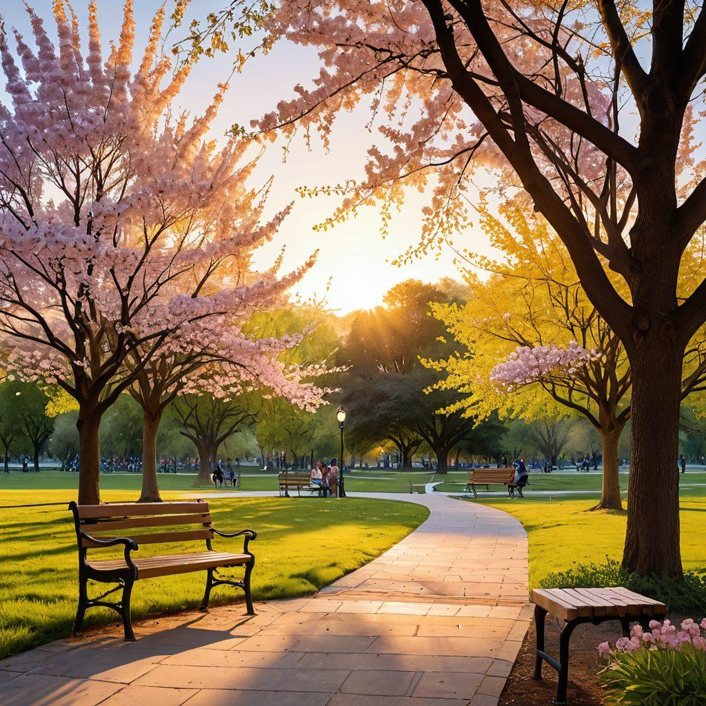 A serene landscape featuring a tranquil park with people engaging in joyful activities, diverse groups sharing laughter and support on benches under blooming trees. In the foreground, a warm sunset casts a golden glow, symbolizing happiness. Pastel colors combined with soft, inviting shapes create a sense of calm and comfort. super-realistic. vibrant colors.