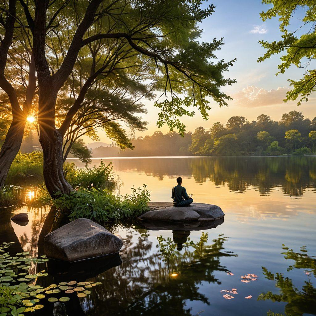 A serene landscape featuring a tranquil lake reflecting a golden sunrise, surrounded by lush green trees and blooming flowers. In the foreground, a person meditating on a smooth rock, embodying peace and bliss. Soft rays of light filtering through the leaves create a warm, inviting atmosphere. Include elements like gentle ripples in the water and a few birds soaring above, symbolizing freedom and contentment. vibrant colors. super-realistic. tranquil ambiance.