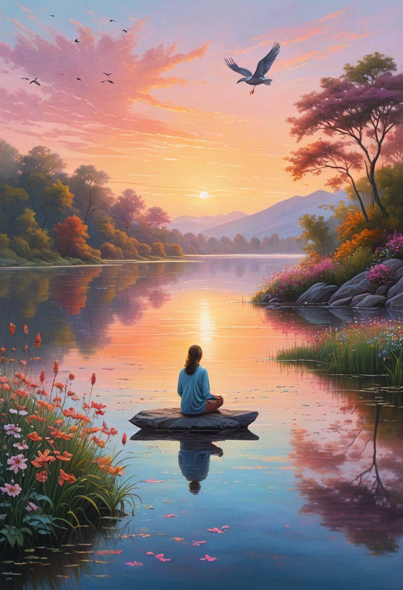 A serene landscape featuring a tranquil lake reflecting soft pastel colors of a sunrise, with a person meditating by the water's edge surrounded by flourishing flowers symbolizing emotional support. Gentle hills in the background create a sense of calm and well-being, while birds soar above, representing freedom. super-realistic. vibrant colors. calming atmosphere.